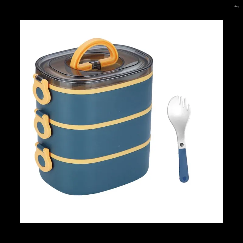 Servis Bento Lunch Box stapelbar 3 nivåer vuxna barn läckfast bärbar (blå)