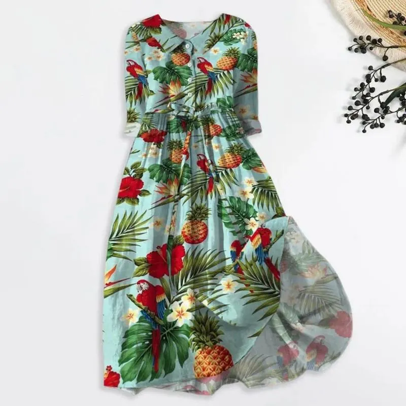 Vestidos casuais vestido de lapela feminino estilo boêmio impresso midi com colar de cinto de renda para roupas de férias de namoro para roupas de férias
