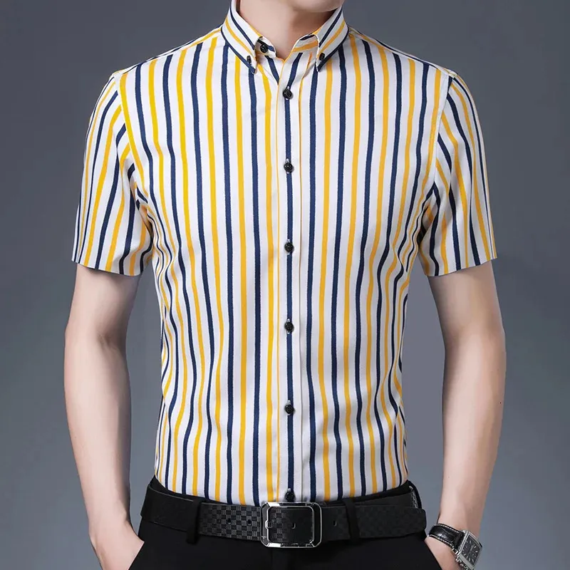 남성용 여름 셔츠 탄성 짧은 슬리브 스트라이프 셔츠 슬림 한 옷 공식적인 옷 스마트 캐주얼 사무실 셔츠 방지 사업 240412