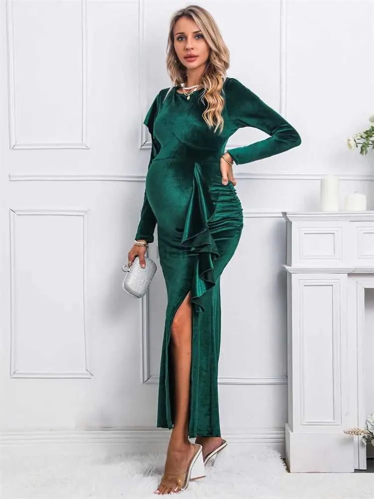 white christmas dresses Momyknows White Spaghetti Strap Print Slit Maternity Baby Shower Christmas Santa Maxi Dress White / M