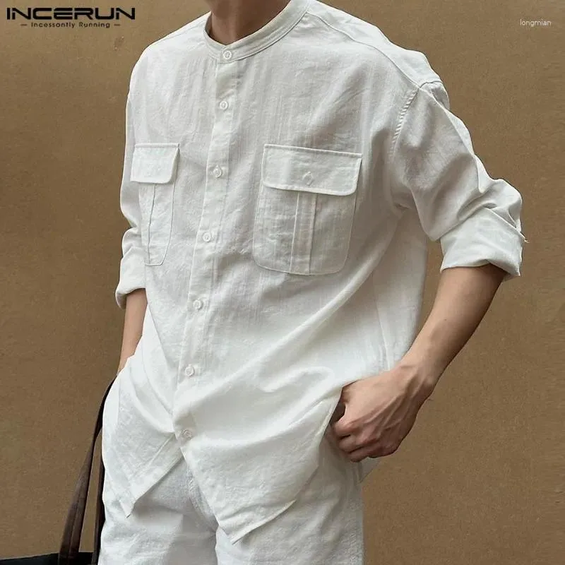Männer lässige Hemden koreanischer Stil hübsches Standkragen Taschen-Design Bluse Streetwear Männlich langärmelig S-5xl Incerun Tops 2024