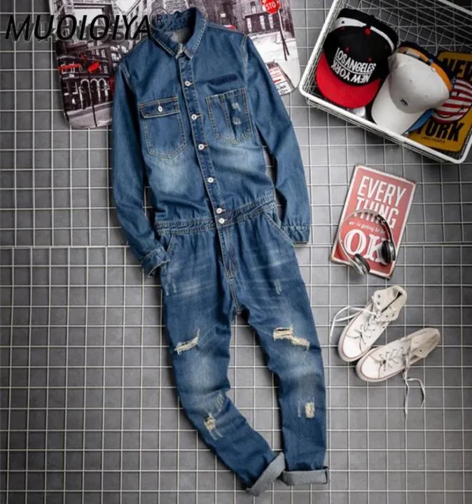 MEN039S Джинсы Мужчины Мода разорванная комбинезонная комбинезонная джинсовая ткань с длинными рукавами комбинезон.