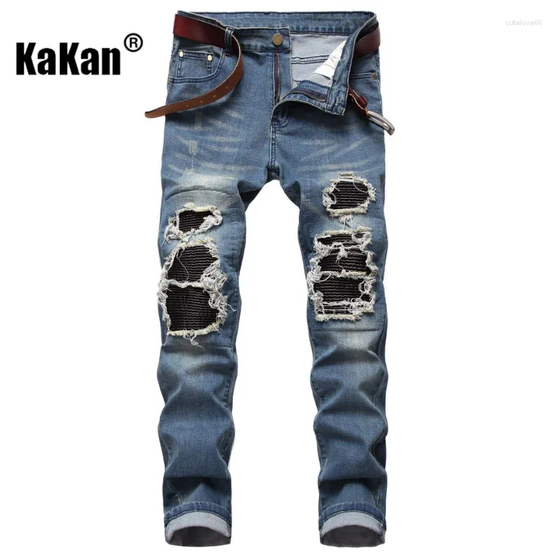 Jeans masculin Kakan - European and American High Street Broken Feng Slim Leather Elastic Long K010-8008