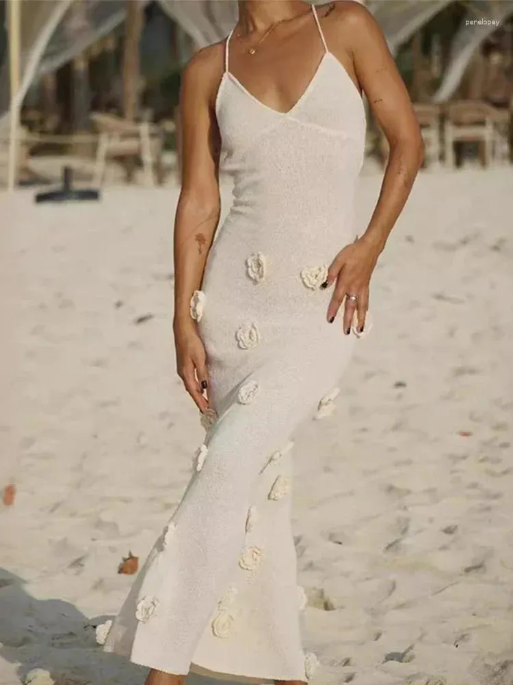 Casual Dresses Elegant 3D Flower Knitted Long Dress Women Deep V-neck Spaghetti Strap Backless Sleeveless Beach 2024 Summer Lady Robes