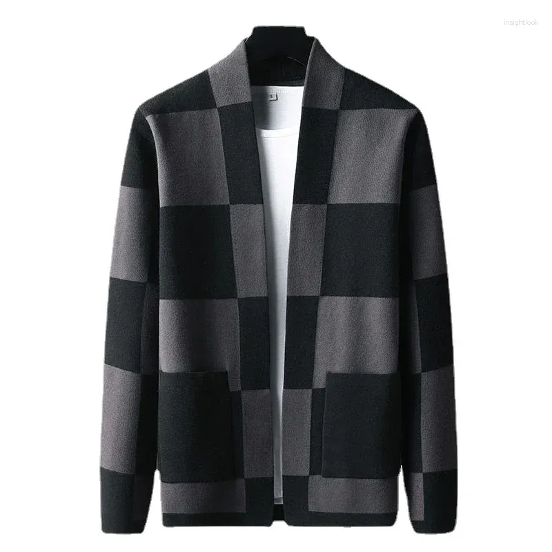 Men's Sweaters Gray Cardigan Yellow Plaid Sweater In Autumn And Winter Korean Fashion Loose Jacket Blue Spring