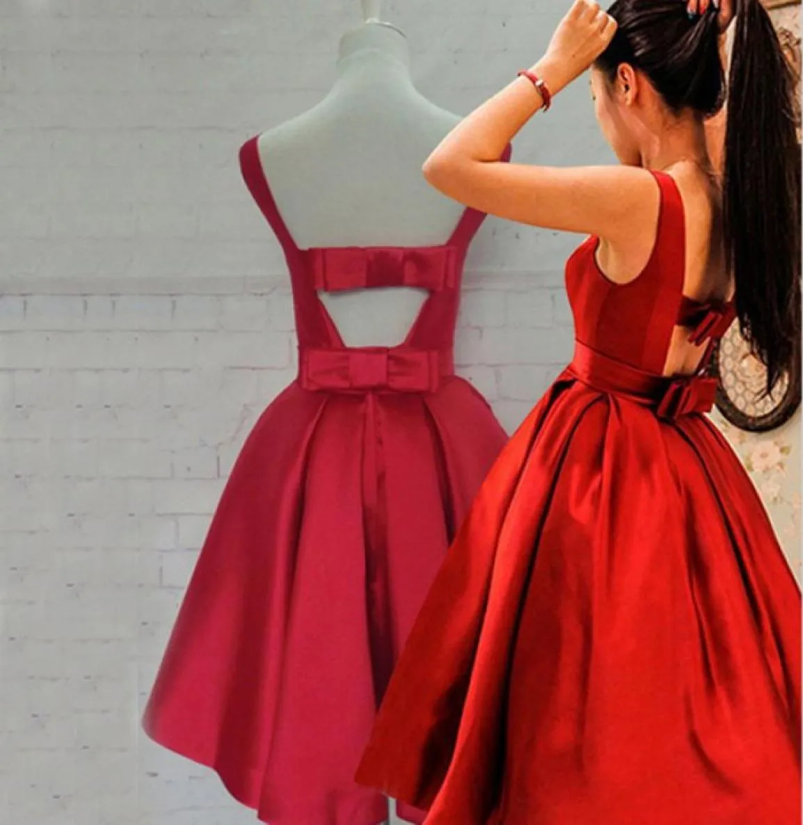 Lovely Red Homecoming Dresses Short Prom Party Gowns Bateau Neckline Sleeveless Satin Dress Cut Out Open Back with Bows Custom Mad4437361