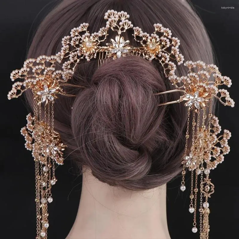 Haarclips Tassel Vrouwen Chinees Hanfu Pearl Bruid Accessoires Sieraden Haarspeld Stick Hoofdtekel Kam