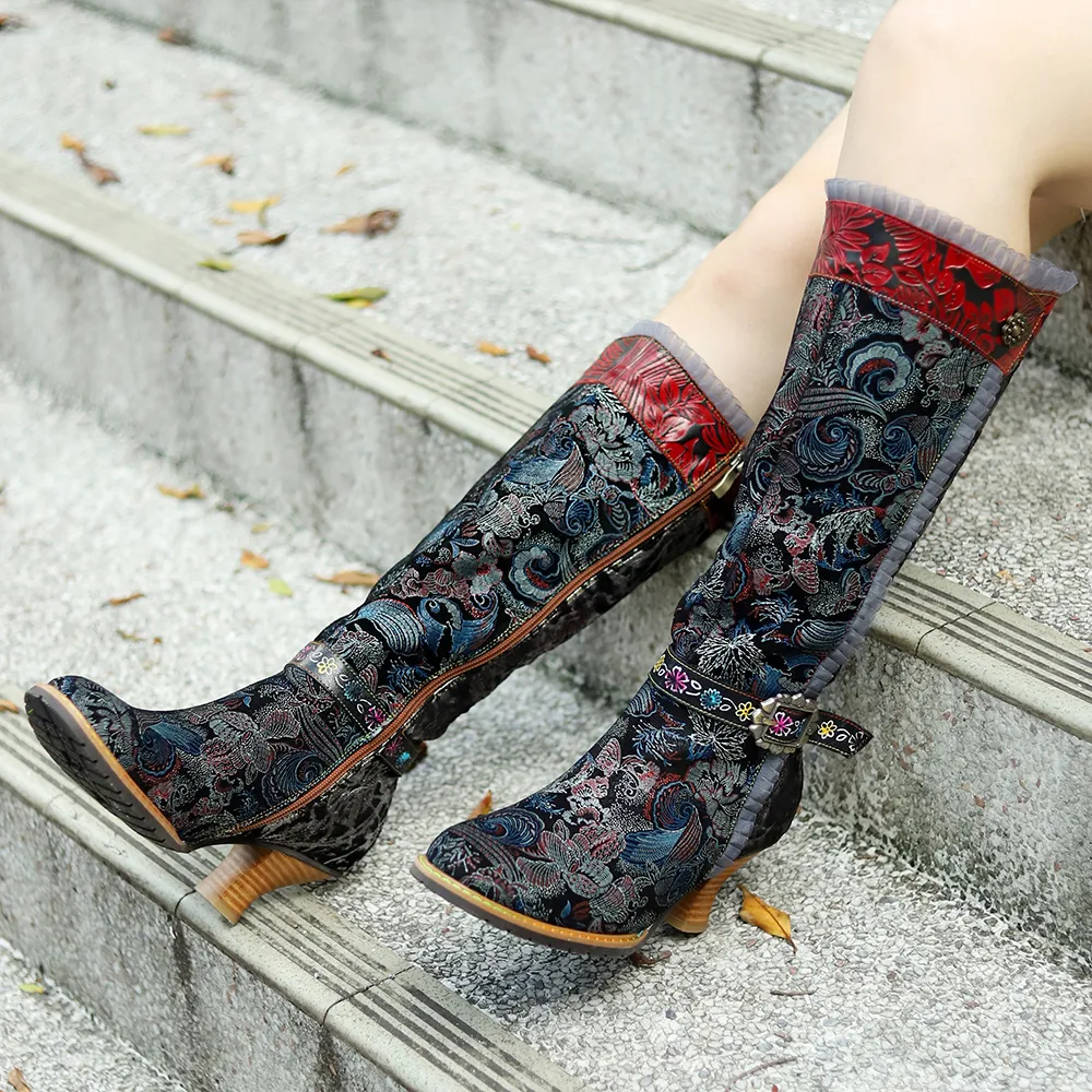Patchwork knee high boots outlet