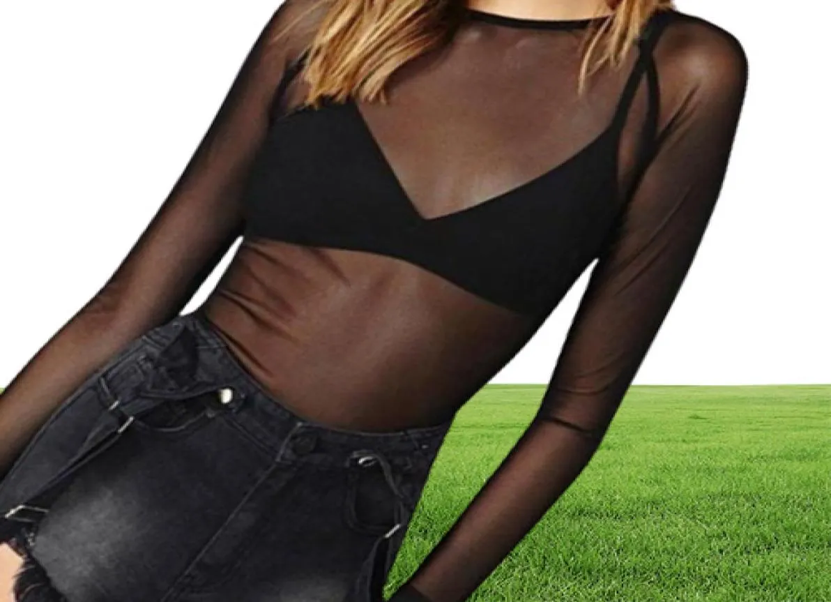 Tshirt pour femmes Seethrough en maille transparente à manches longues Tee Top Club Wear Perspective Pullover Black Sexy Girl Clothing4335067