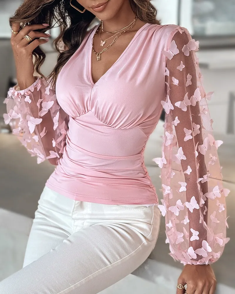 Lantern Sleeve Autumn Blouse for Women with Butterfly Jacquard