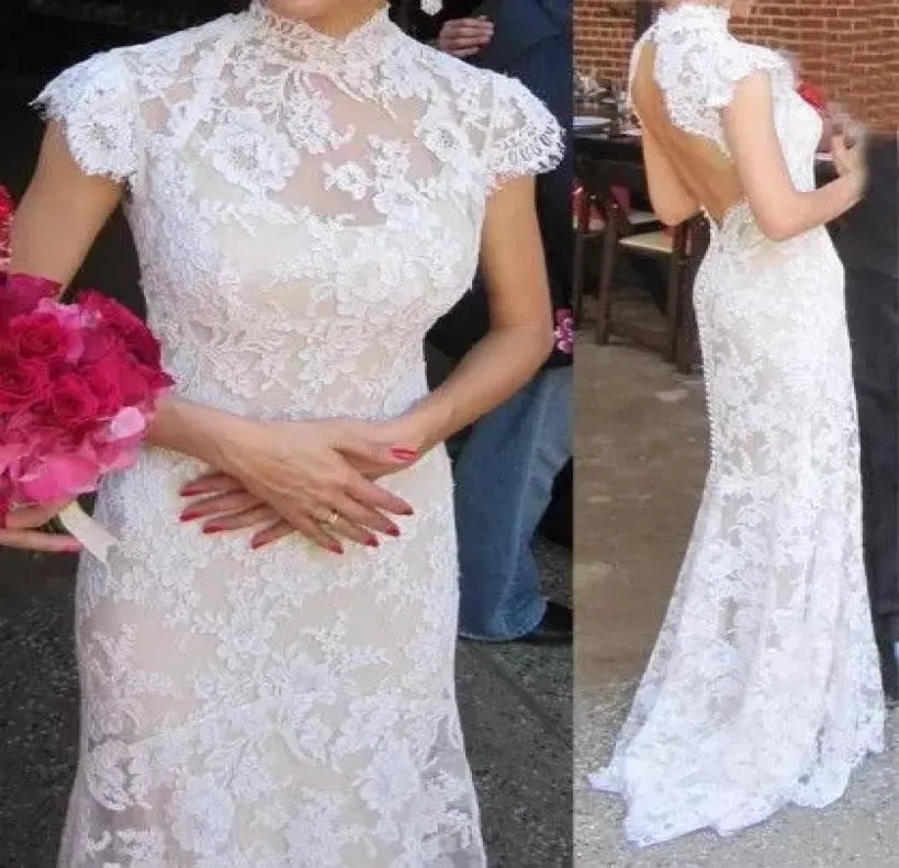Элегантные свадебные платья русалки с короткими рукавами высокая шея открывают сексуальные свадебные платья формальные платья на заказ на заказ
