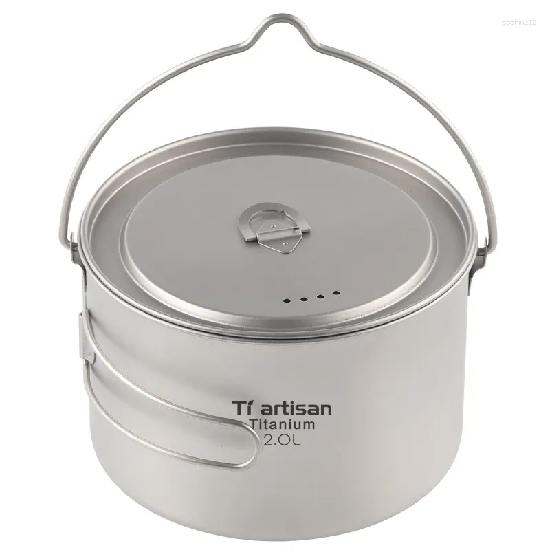 Mugs Tiartisan 2000ml Outdoor Titanium Pot Water Cup Tableware Camping Cooking Pots Picnic Hanging With Lid Handle