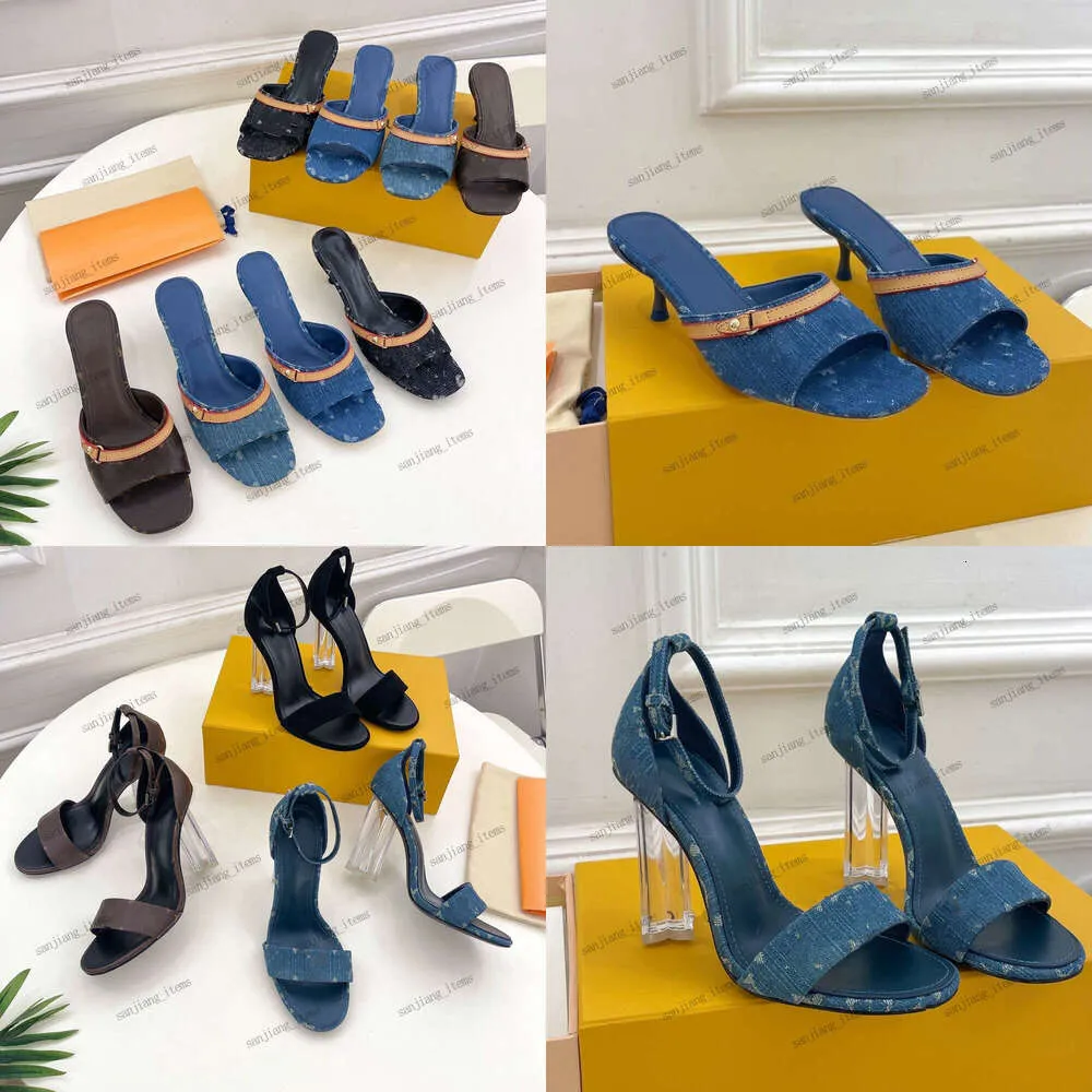 Duidelijke bloem hiel slingback sandalen denim slippers glijden op hoge hakken pompkitten hakken muilezels hoge hakken open hakken open teen platform dames schoenen vintage bloei stiletto