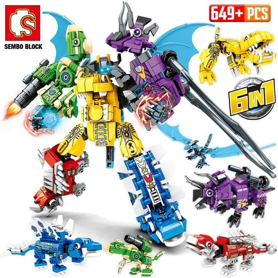 NOVO SEMBO 6In1 Transformação Dinosaur Robot Block Block City Jurassic Worlds Pterossaur Technic Mech Bricks DIY Toys for Boys C288W