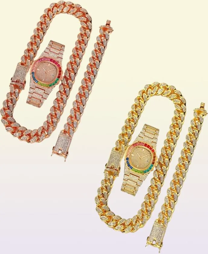 Chains Necklace Watch Bracelet Miami Cuban Link Chain Big Gold Iced Out Rhinestone Bling Cubana Mens Hip Hop Jewelry 4233064