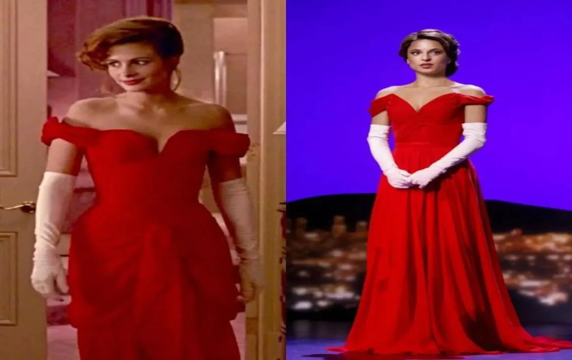 1990 Robe rouge emblématique de Pretty Woman Off épaule Prom robes formelles plissées sirène gaine pleine longueur robes de robe de soirée5530199