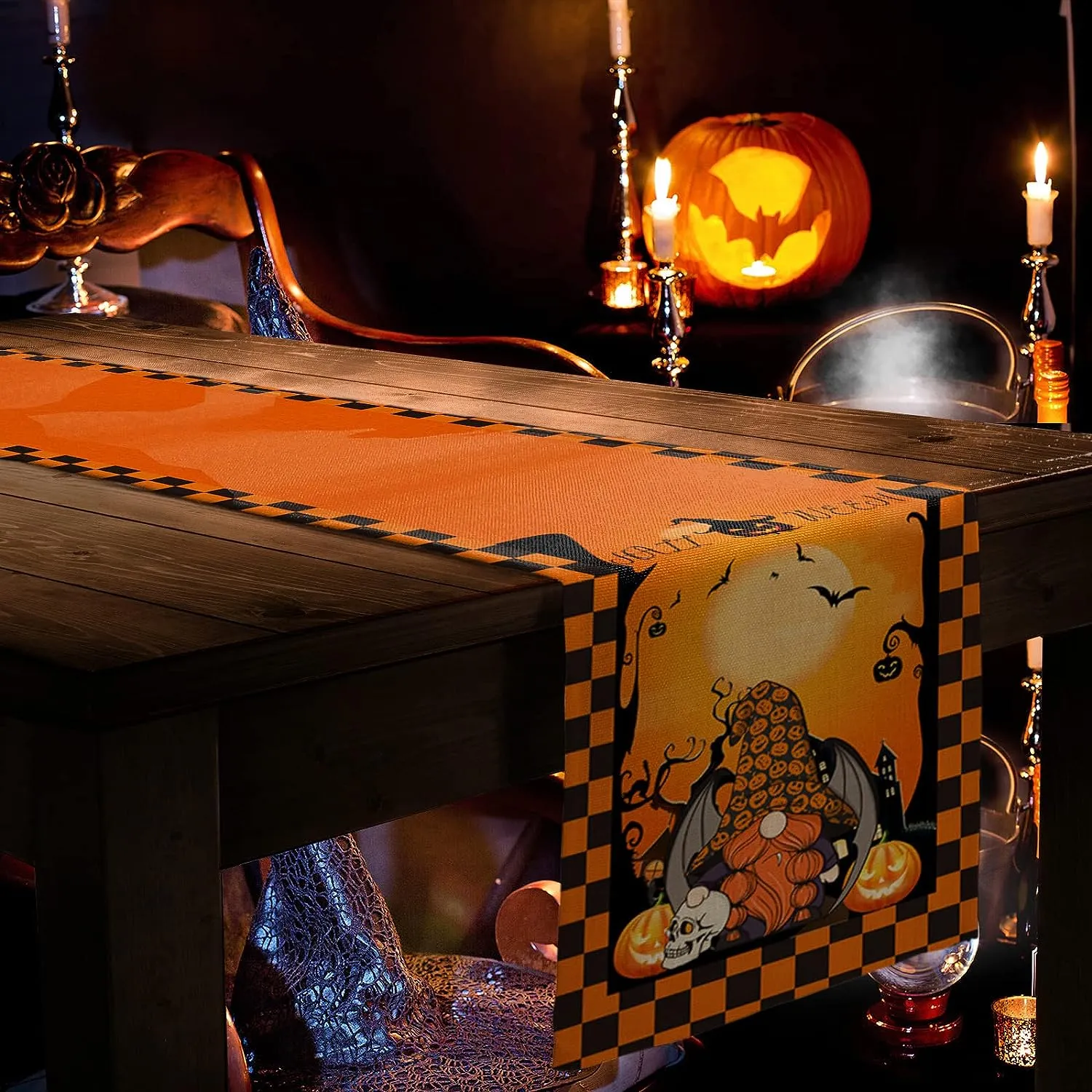 Halloween Gnome Castle Pumpkin Linen Table Runners Dresser Scarf For Kitchen Farmhouse Dining Tabler Runners Halloween Decoration