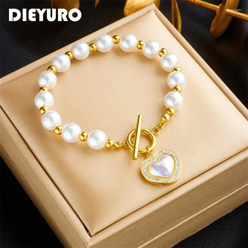 Charm Armband Dieyuro 316L Rostfritt stål stort hjärta Pearl Armband för Women Girl Trend Non-Fading Chain Jewelry Gift Party