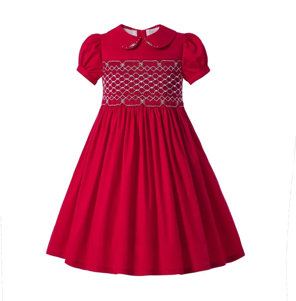 Pettigril Red Smocked Dress zomer Kerstmismeisje met puff mouw Kinderjurk Babykleding GDMGD309D1024127343