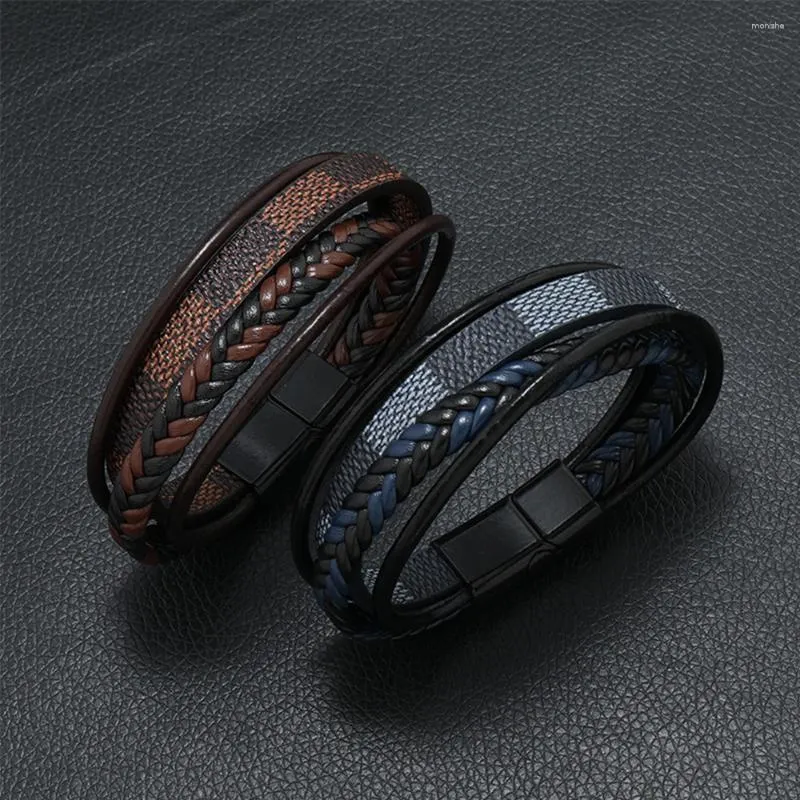 Bangle Men's Alloy Magetische Buckle Multi -Layer Lederen gestreepte geweven armband sieraden