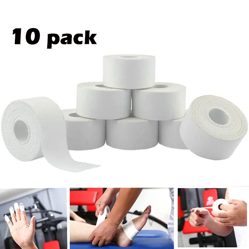 Safety 10 Pack Athletic Tape in White Cotton Sport Tape Adhesive Elastic Bandage Knee Wrist Ankles Muscle Support Easy Tearing