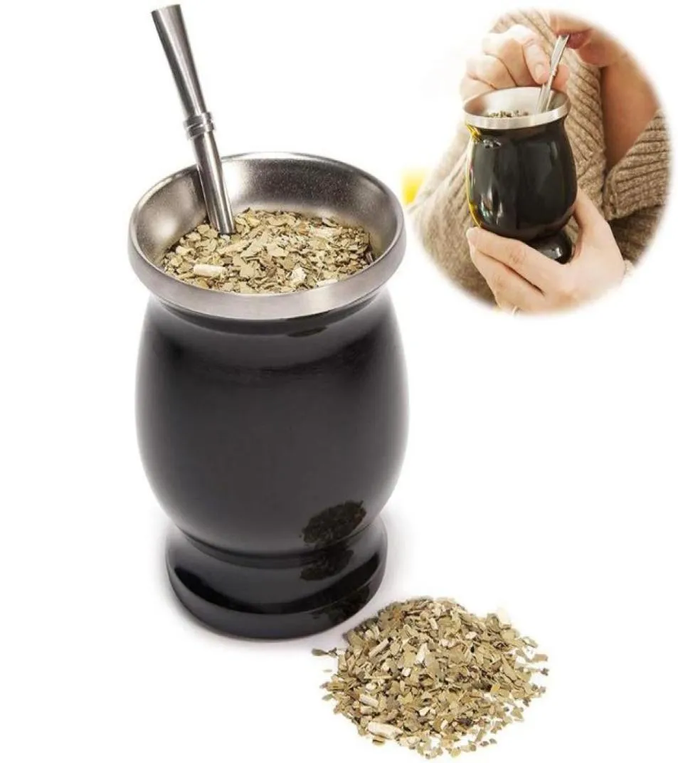 Muggar Yerba Mate Natural Gourd Cup Set 8 Ounce Straw Rostfritt stål Dubbelväggig Easy Clean Isolated Coffee Cups Taza Mug3234499