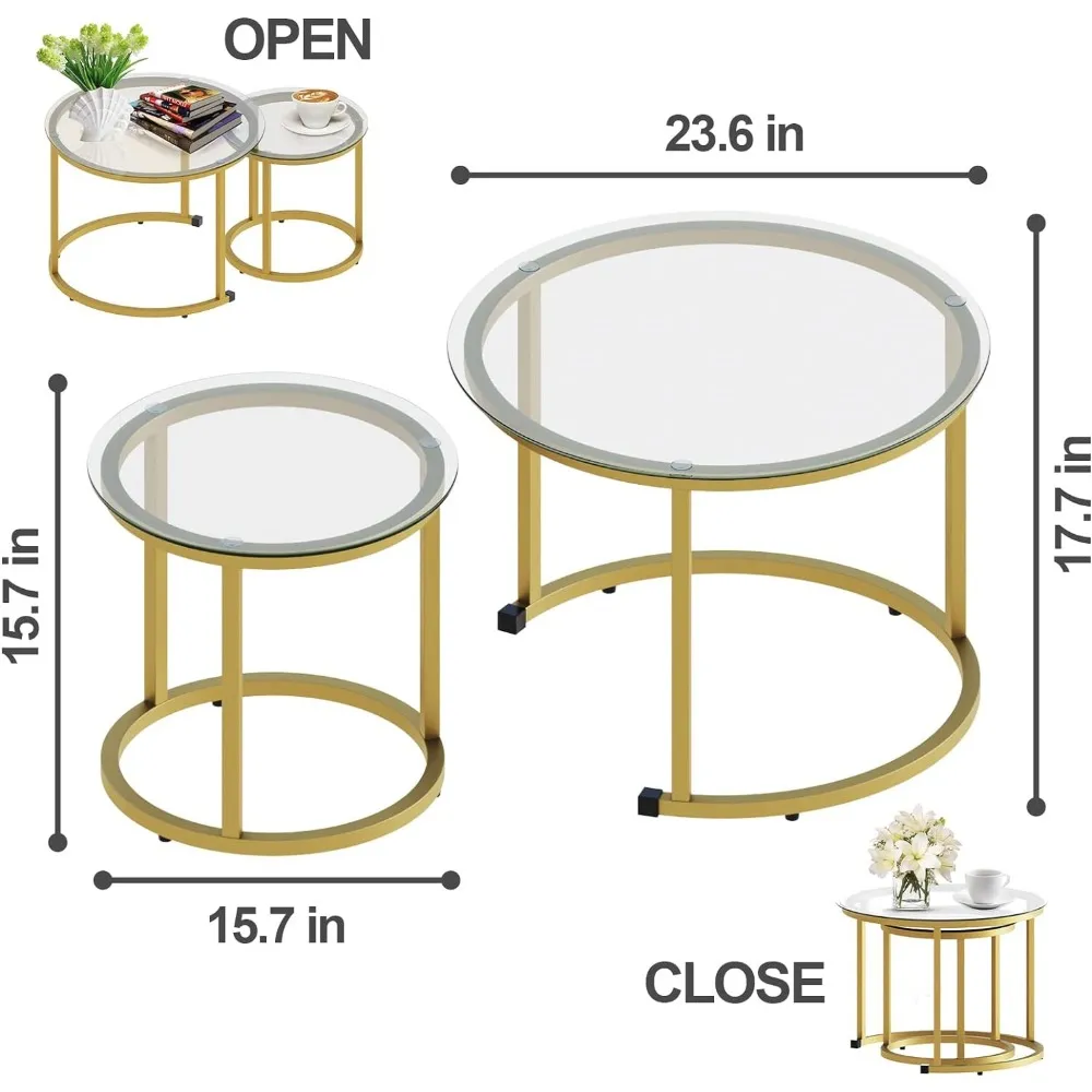 Aboxoo gouden nestelende salontafel set van 2, kleine glazen nesttafels voor woonkamer slaapkamer, accent theetafel met metalen frame