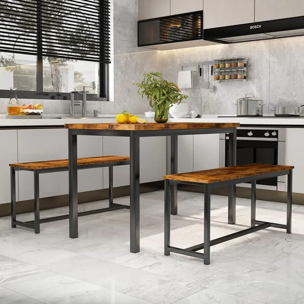 Dining Table Set Kitchen Table Set with 2 Benches Ideal for Home Portable Space Saving Furniture