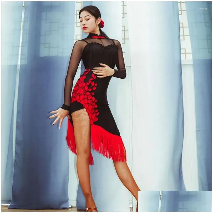 Scenkläder kvinnor latin dansklänning långärmad röd tofs y dansövning trasa samba tango chacha performamnce w252 droppleverans otvcq