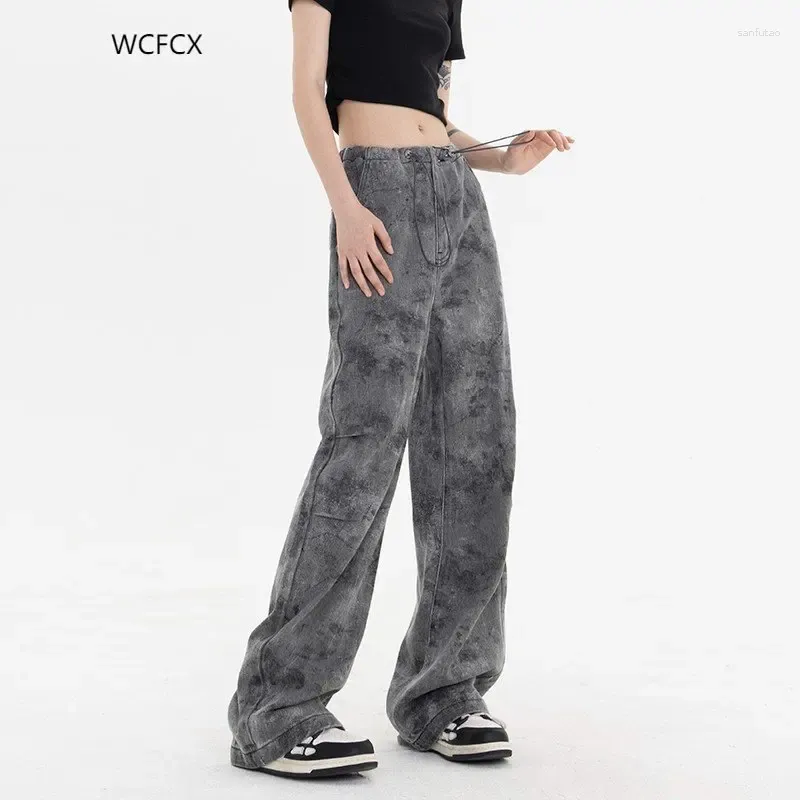 Kadın Kotları WCFCX Stüdyo Kargo Kadın Tie Boya Harajuku Pantolon Moda Sokak Giyim Düz Geniş Bacak Denim Pantolon