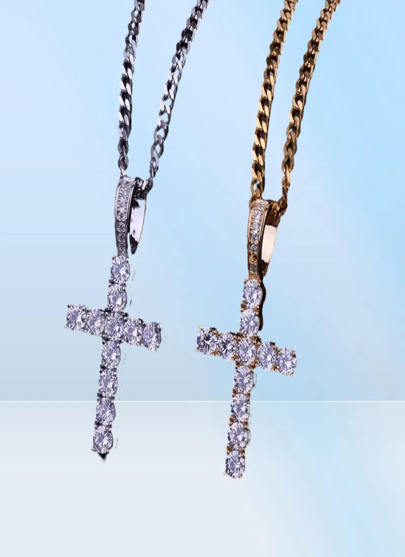 Iced Out Zircon Cross Pendant med 4mm Tennis Chain Necklace Set Men039S Hip Hop Jewelry Gold Silver CZ Pendant Necklace Set2950093