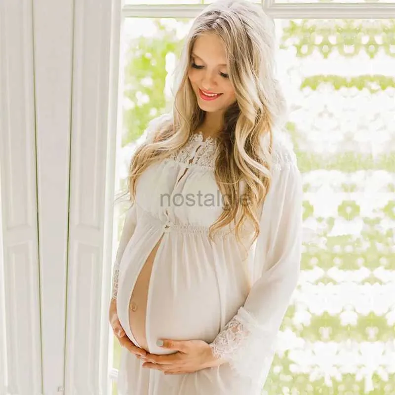 Maternity Dresses Slash Neck White Chiffon Maternity Photoshoot Dress Full Sleeve Lace Chiffon Pregnant Woman Photography Loosen Dress 24412