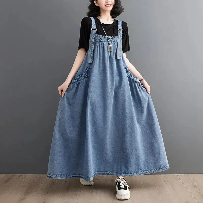 Womens Denim Suspender Skirt 2024 Summer Casual Loose Punk Vintage 
