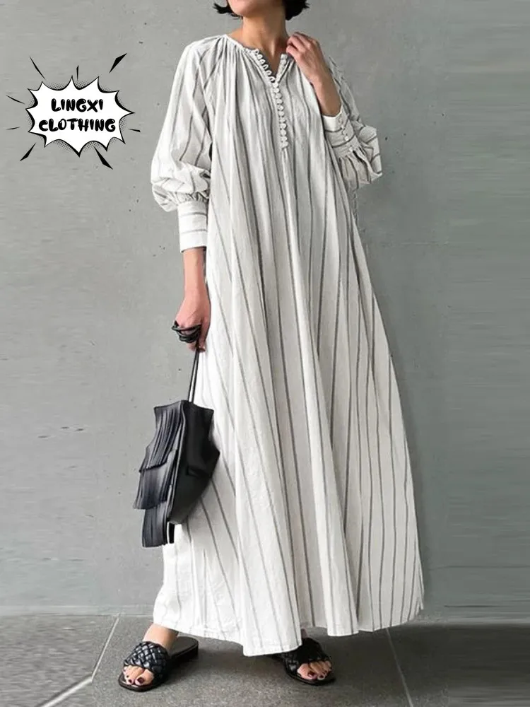 Damen Baumwollwäsche Streifen runden Hals Langarm einfacher loser Pullover -Kleid Vintage Elegant Robe 240412