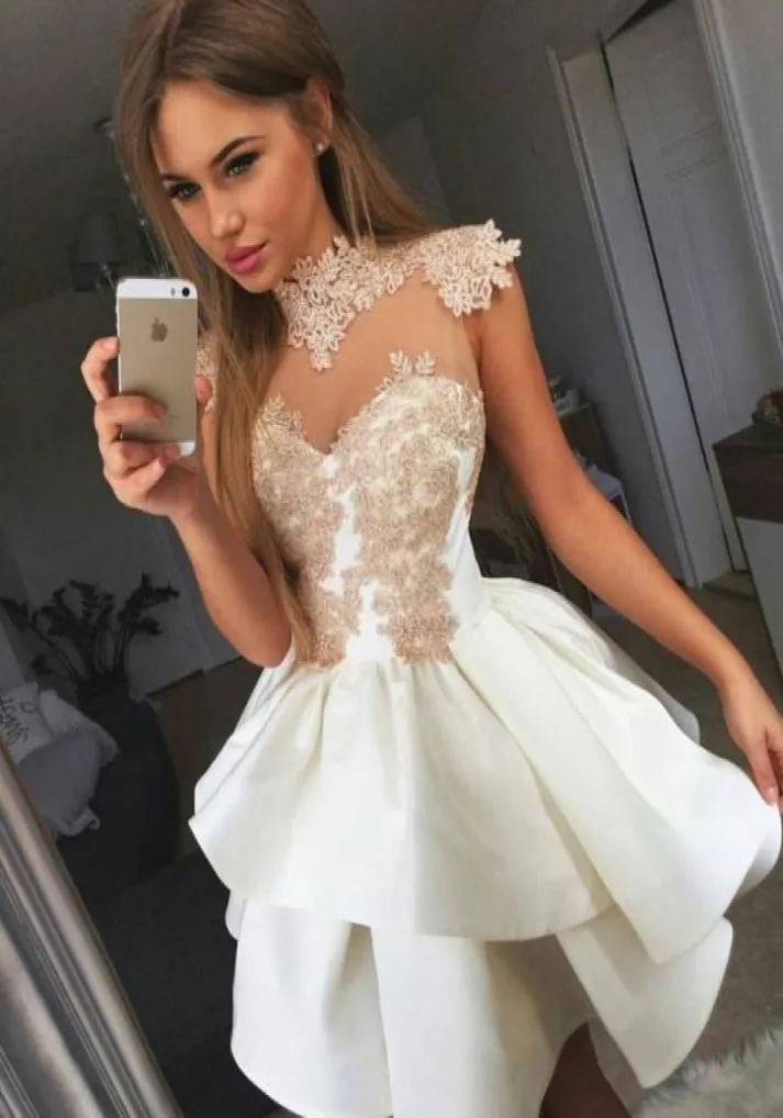 Short Skirt Stain Applique High Neck Sleeveless A Line Party Dresses Custom Made New Coming Prom Dresses3979207