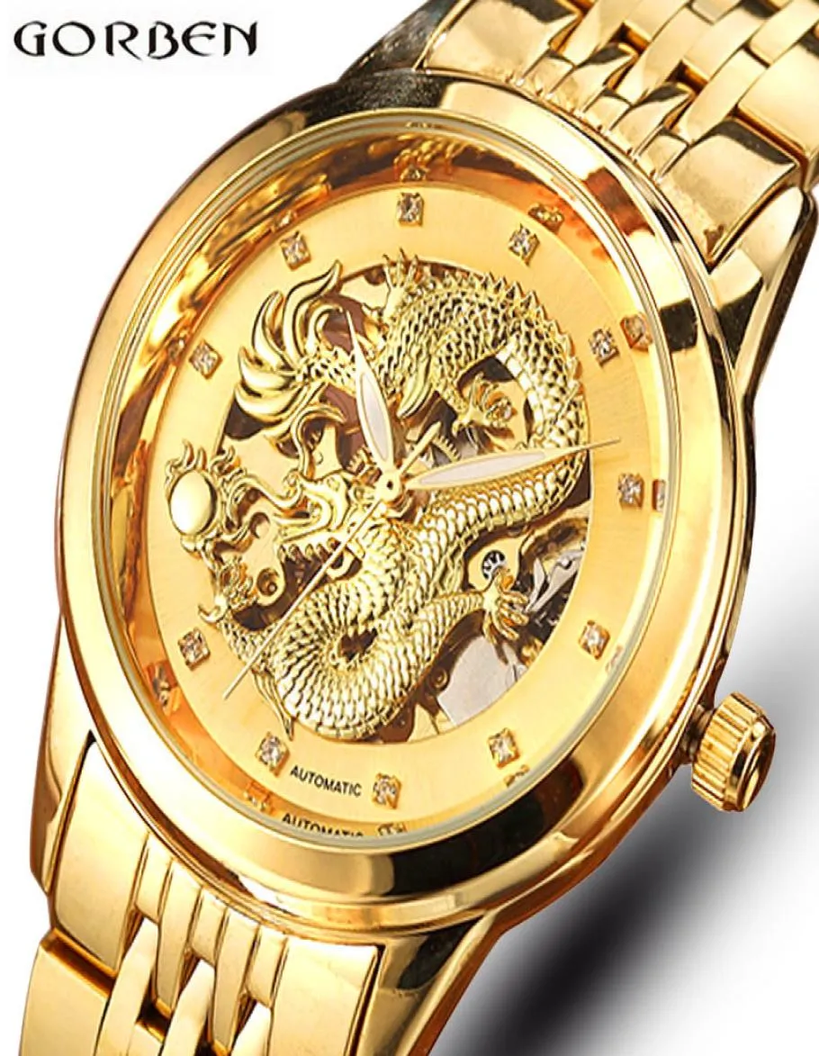 Esqueleto Gold Mechanical Watch Men Automático 3D Dragão esculpido Aço de aço Mecânica Relógio China Luxo Top Self Wind 2018 Y1309575