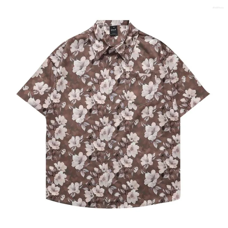 Men's Casual Shirts Men Hawaiian Shirt Hip Hop Streetwear Flower Plant Print Brown Beach Short Sleeve Women Y2k Aloha Thin Tops Unisex