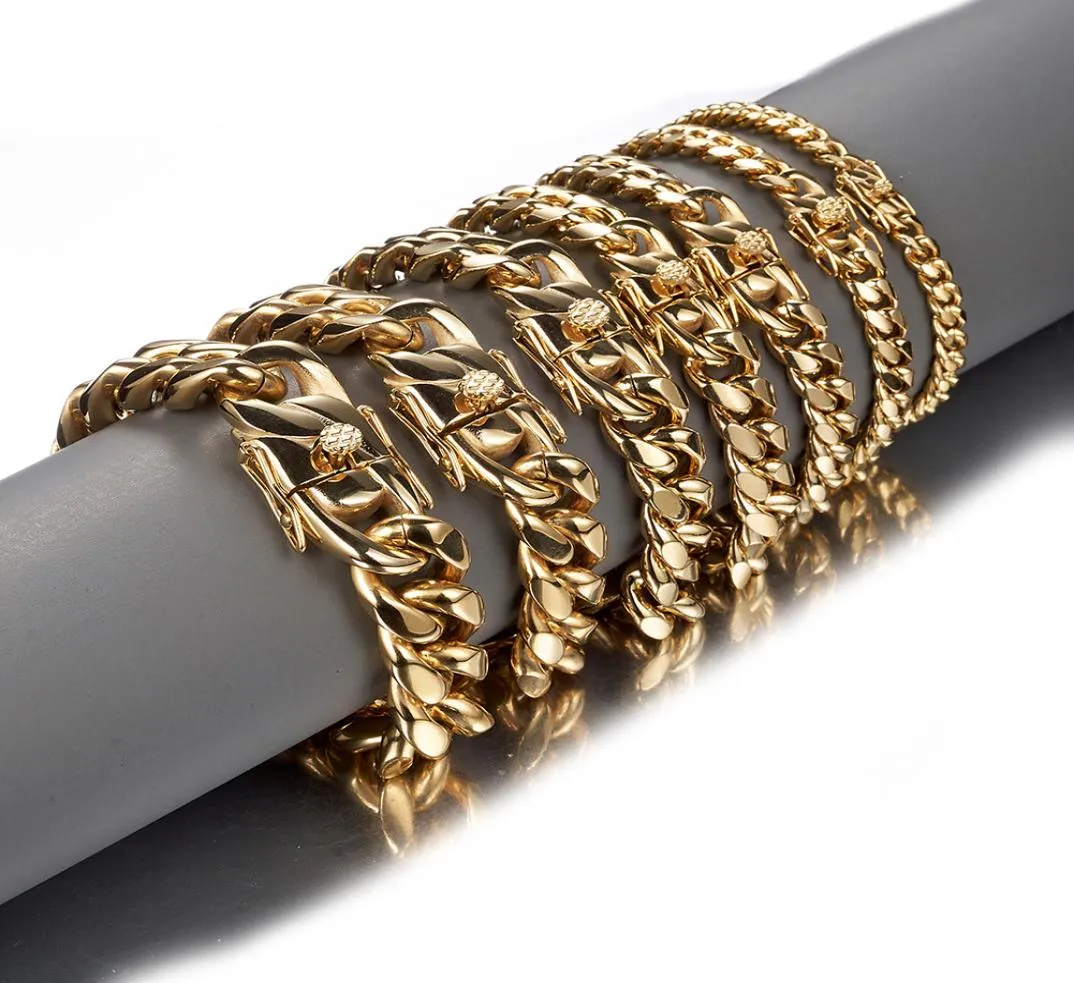 Męskie Hip Hop Cuban Link Bracelets Bracelets ze stali nierdzewnej 18K Real Gold Pleated Bangle Biżuter Prezent 818mm3007096