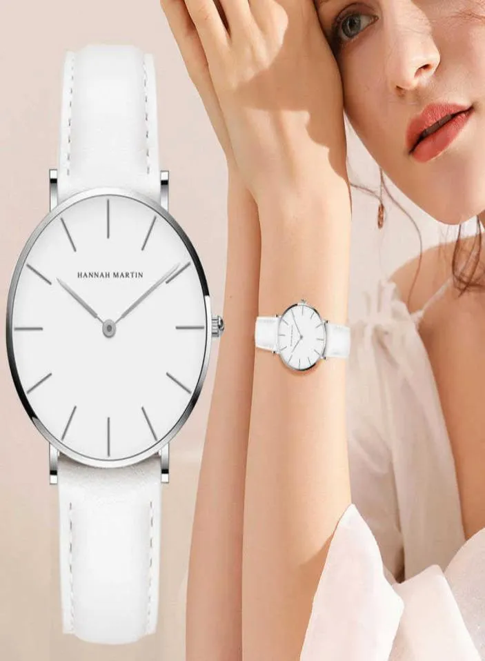 Hannah Martin Ladies Casual With com cinta de couro feminino impermeável Relógios Silver Quartz Relógio White Relogio feminino 2107541453