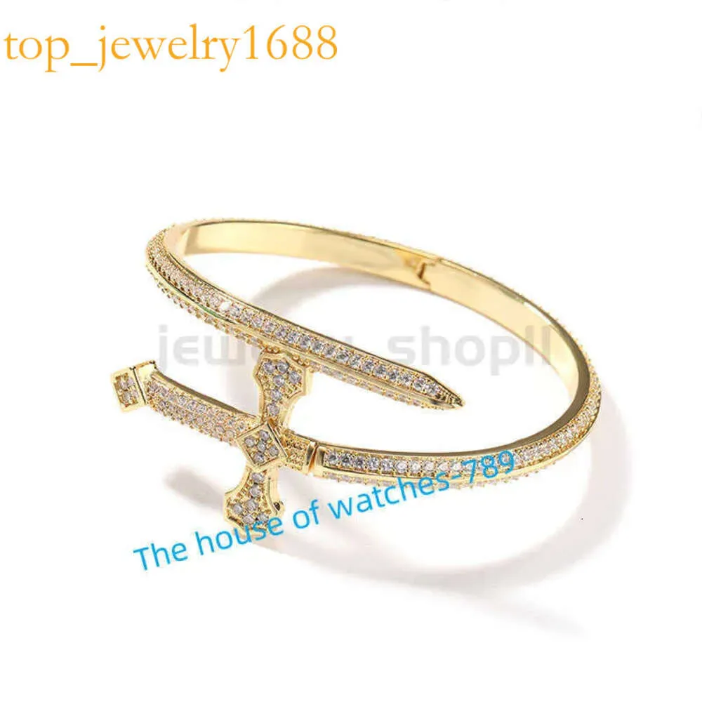 Hip Hop Justice Sword Bracelet Set Full Trend Versatile Hand Ornament Cuban Moissanite Diamond Inlaid Sier Rose Gold