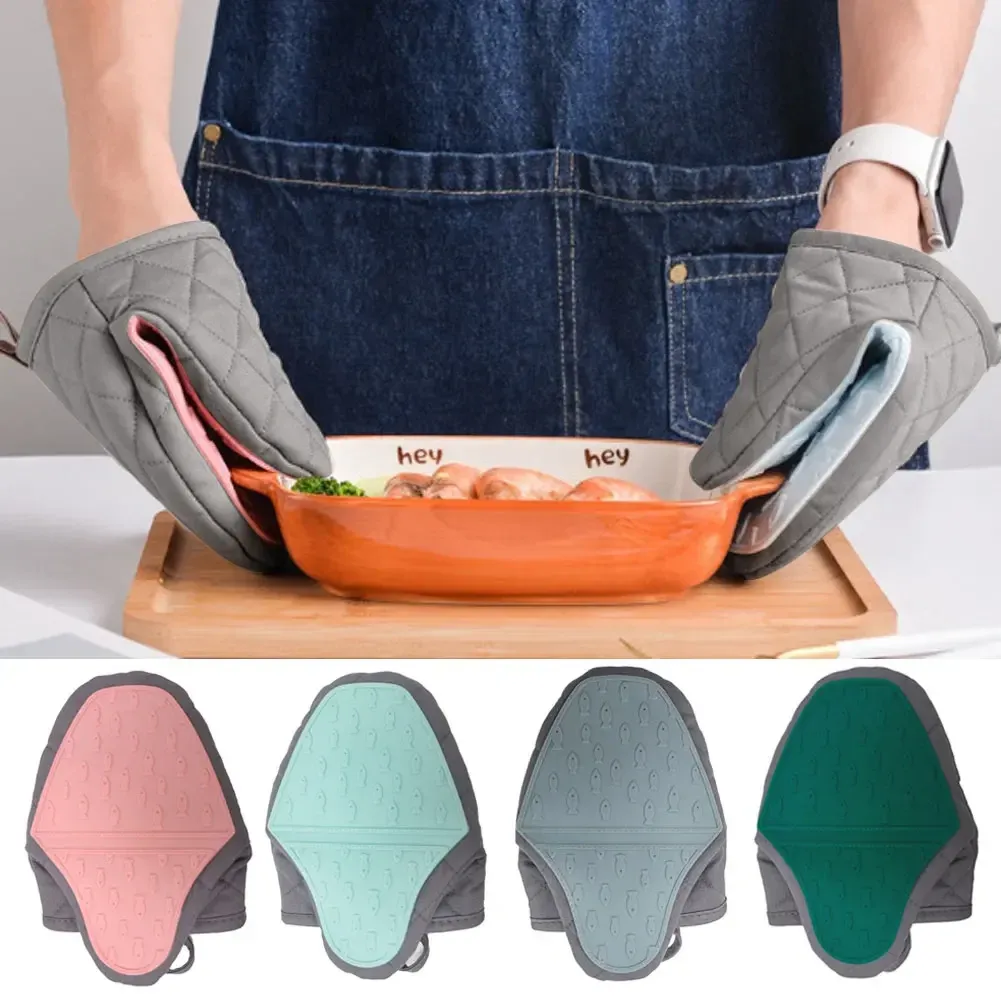 Oven Mitts Silicone Oven Mitts Set, Heat Resistant Cooking Gloves Waterproof BBQ Kitchen Inner Cotton Layer Cooking Baking Silicone Non Slip Set 2 Mitaine De Four