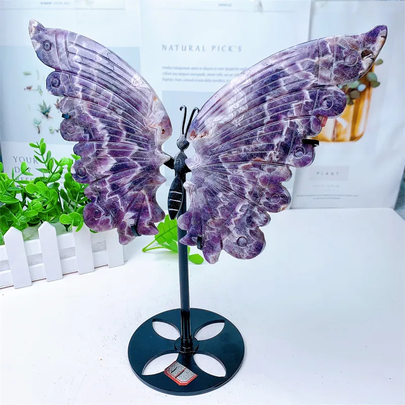 Natural Dream Amethyst Butterfly Wings Crystal Hand snidad polerad staty Healing Energy Gemstone Crafts With Stand