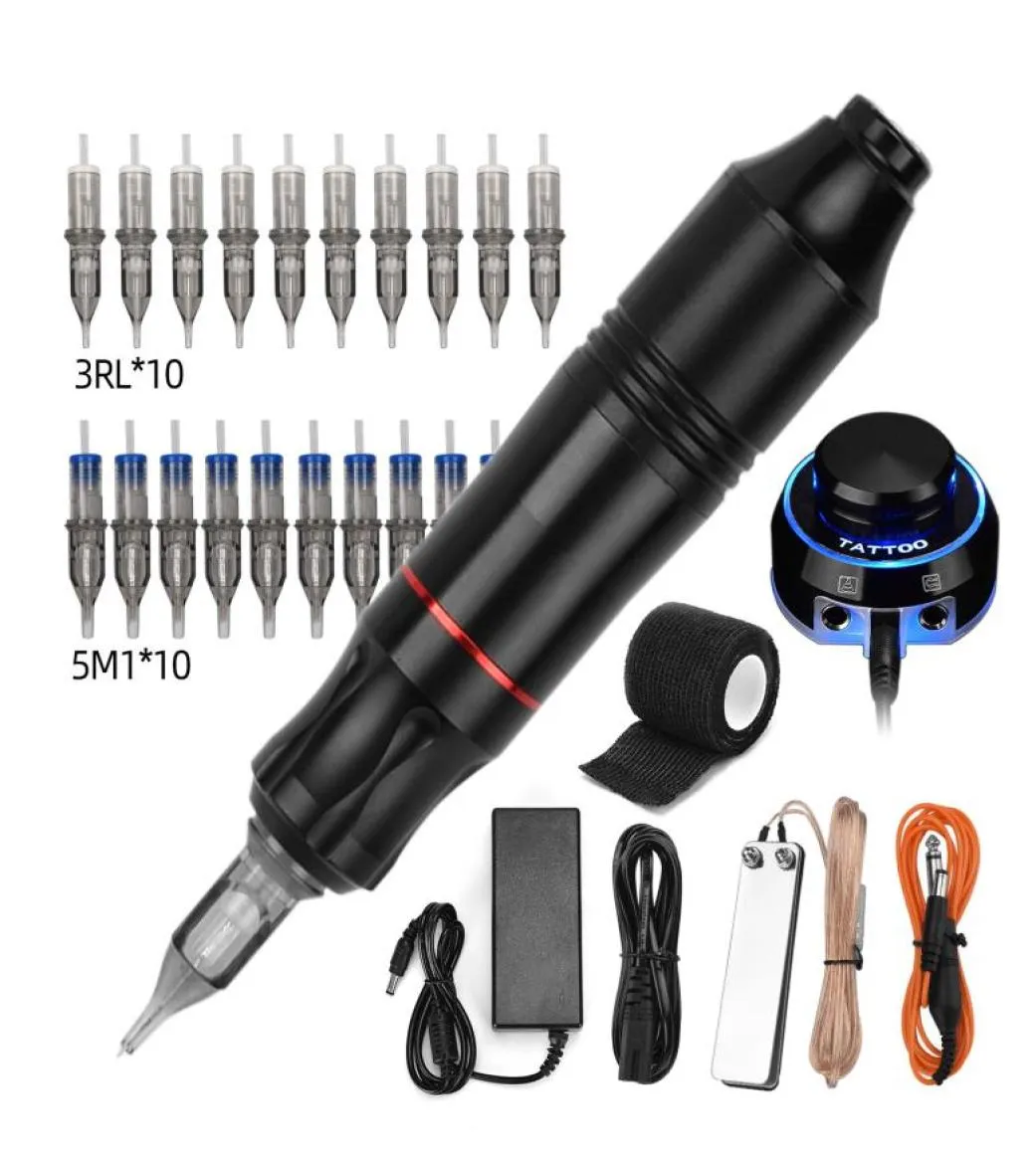 Tattoo rotativo caneta tatuagem cartuchos agulhas 3rl 5m1 kit forte silencioso motor dc suprimentos de alimentação de mecanismo tatuagem corporal art3939879