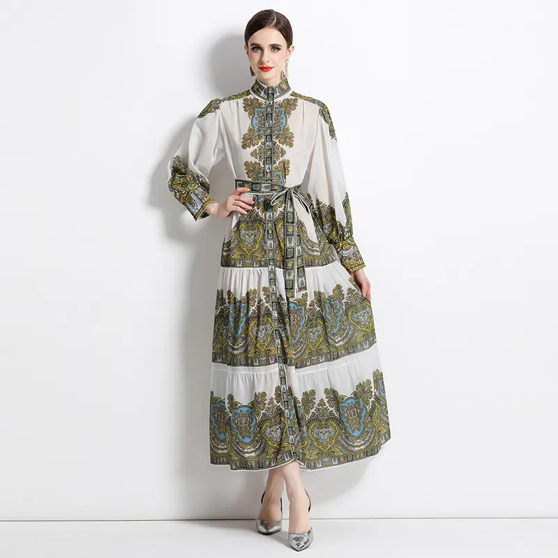 Elegant Print Max-long Dress For Women, Vintage Loose Party Dress With Bow Belt, Palace Style Large Swing Vestidos, Lantern Sleeve