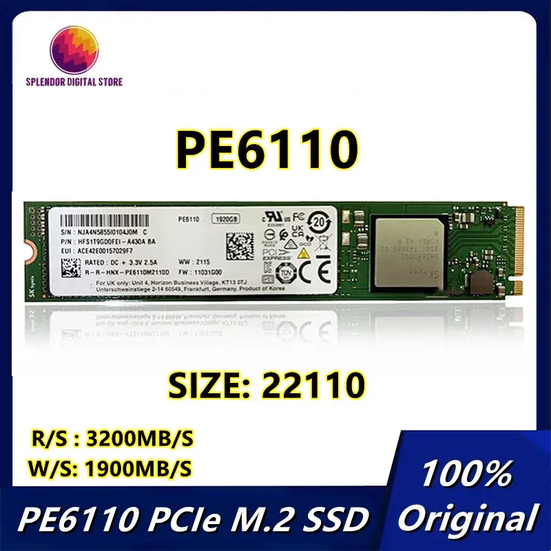 Unidades originais PE6110 1,92TB 3.84TB M.2 22110 PCIE GEN3 X4 NVME SSD M.2 SSD Enterprise Classe Solid State Drive