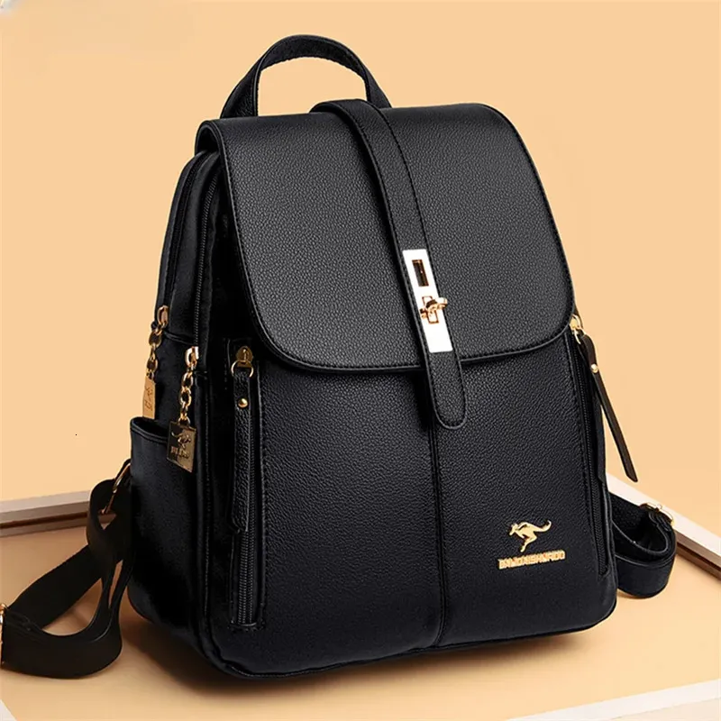 Luxe dames lederen rugzakken voor meisjes SAC A DOS Casual Daypack Black Vintage Backpack School Tassen Mochila Rucksack 240329