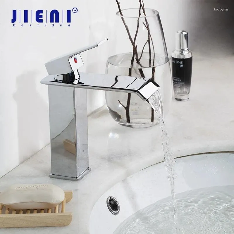 Bathroom Sink Faucets JIENI Chrome Polish ORB Nickel Brush Waterfall Deck Mounted Brass 1 Handle Wash Basin Vanity Faucet Mixer Tap