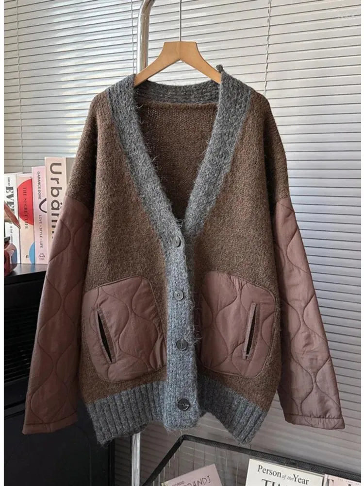 Dames blouses dames v-neck met één borsten patchwork katoenen gevoegde vacht geknakte vest trui dikke warme herfst winter x813