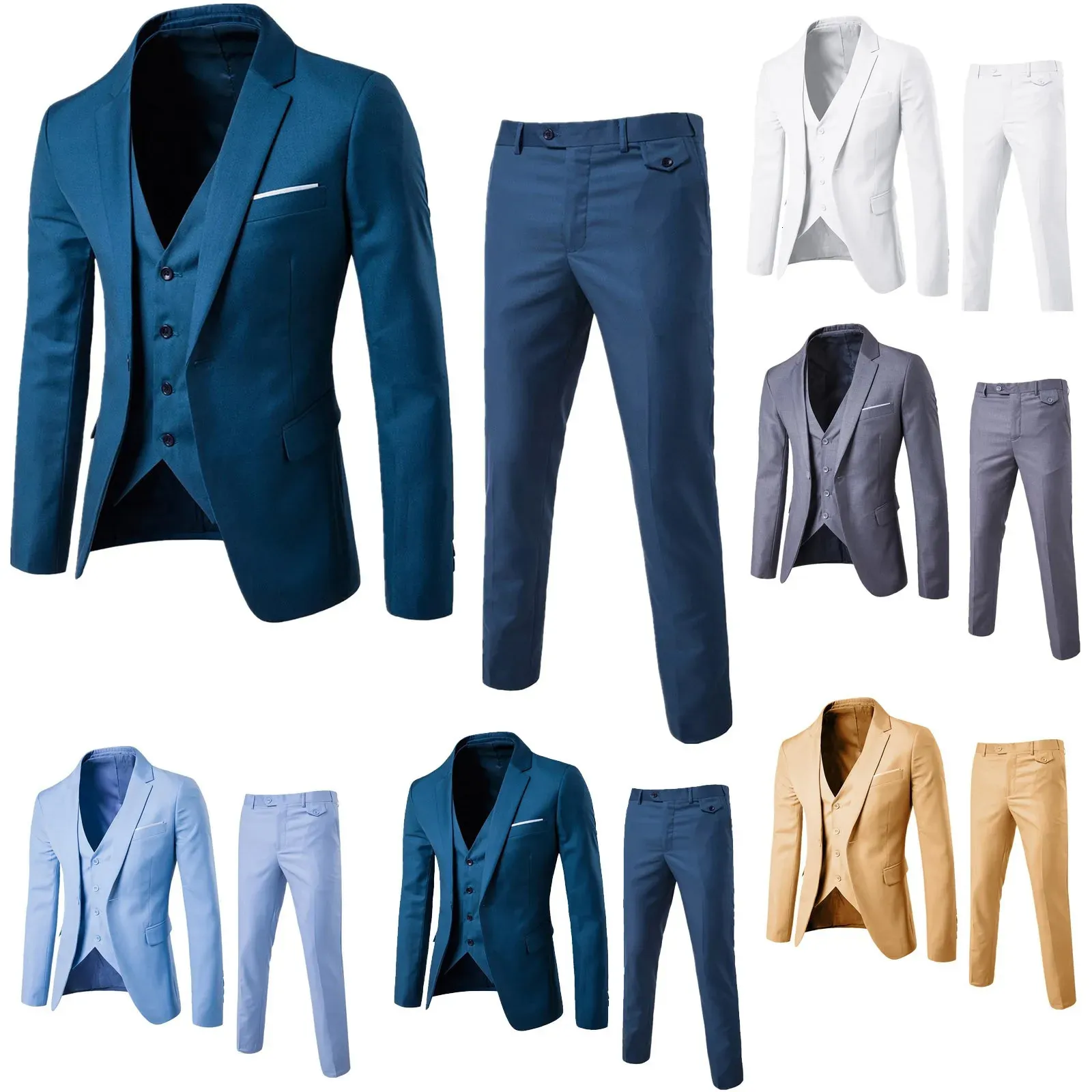 Mens Suit Slim 3 Piece Business Wedding Party Jacket Vest Pants Coat European American Style Social Dress Shirts 240412