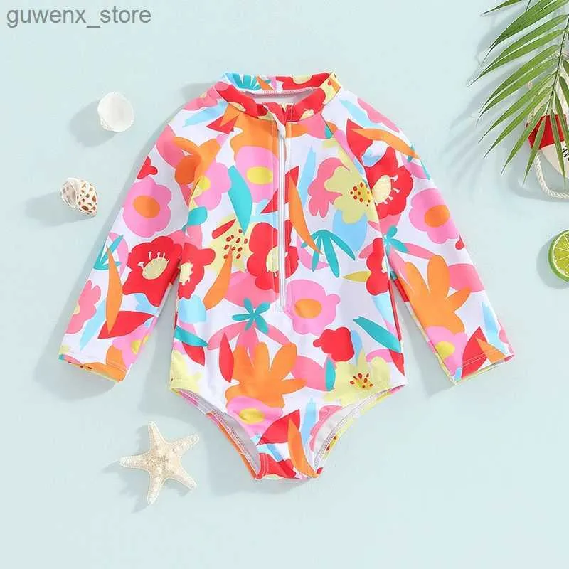 Één-stuks 0-3T Toddler Girls Swimwear Beach Swimwear Lange Mouw Crewneck Floral Print Bathing Suite Y240412